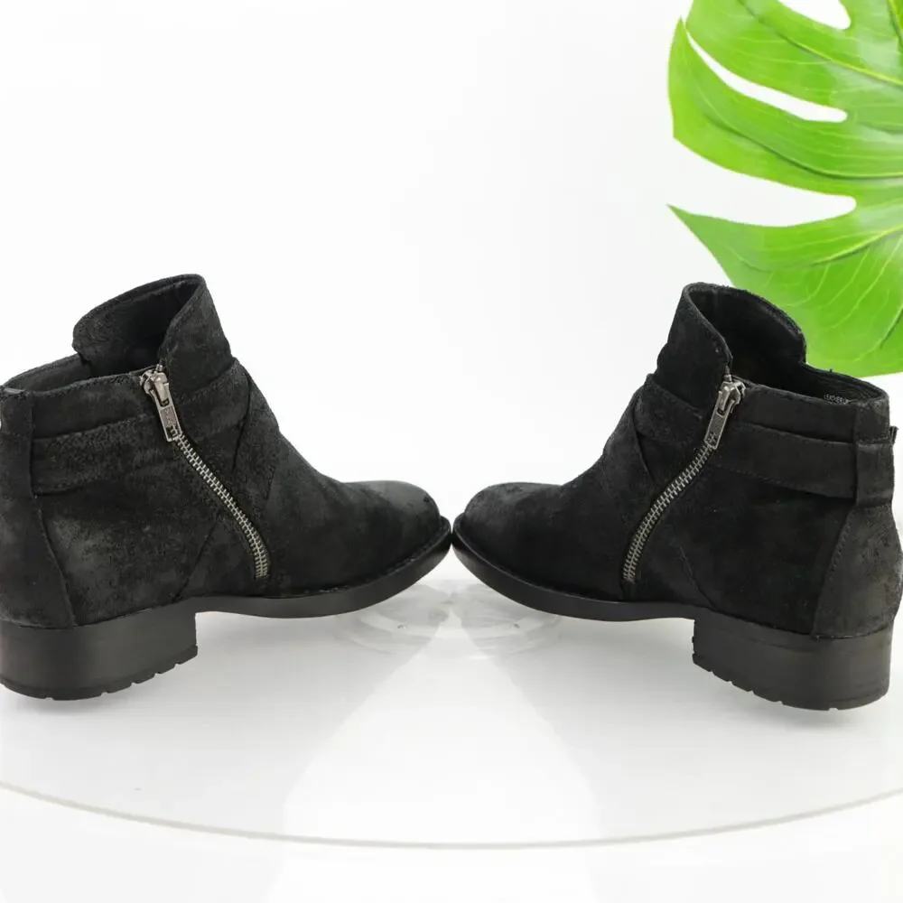 Born Womens Jorgette Boots Size 7.5 Black Suede Distressed Bootie Buckle Lo Heel